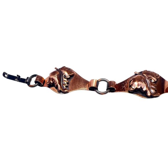 Vintage Copper Texured Leaf Link Bracelet Black Accents 7.75 Inches Earthy Oval - Picture 1 of 5